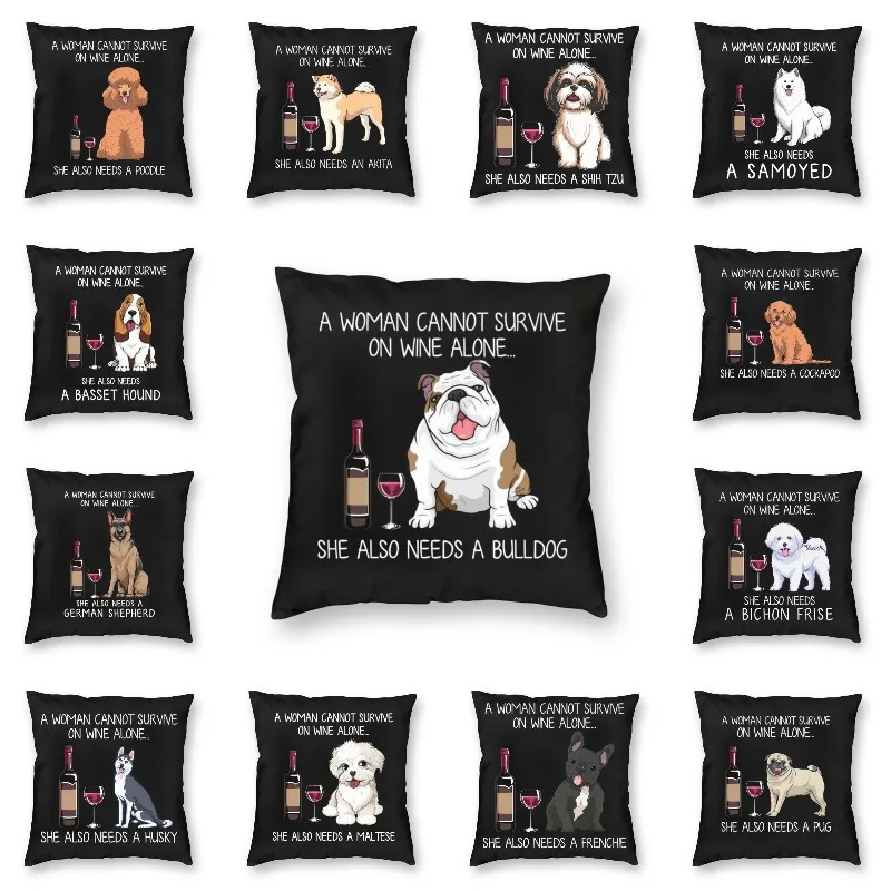 

Bulldog And Wine Funny Dog Pillow Case Living Room Decoration Cute Doggy Dog Lovers Outdoor Cushions Cover Square Pillowcase