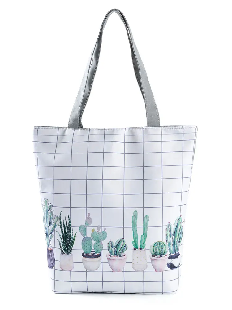 

Grid Potted Plants Print Shoulder Bag Ladies Cactus Pattern Handbag Simple Casual Tote Female Eco Friendly Portable Shopping Bag