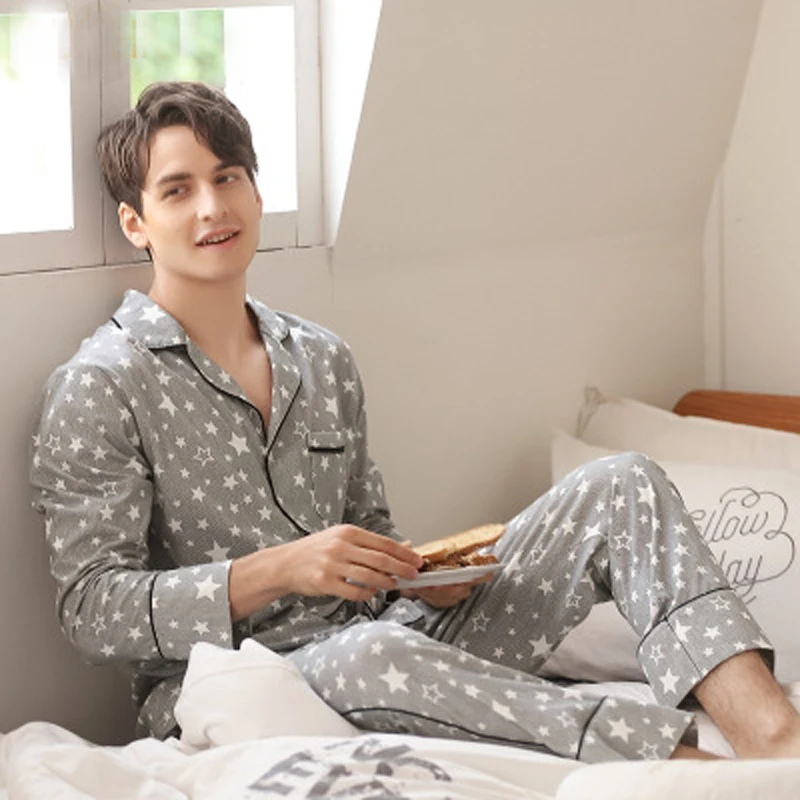 

Men's Good Quality Homewear Clothes Long Sleeve Breathable Cotton Loose Sleepwear Night Suit Men Pajamas Set