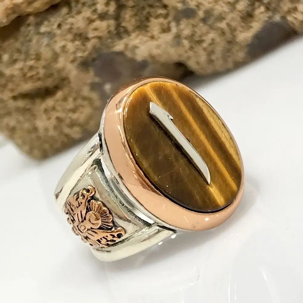 Алеф письмо тигровый глаз камень серебряное мужское кольцо|Кольца| |
