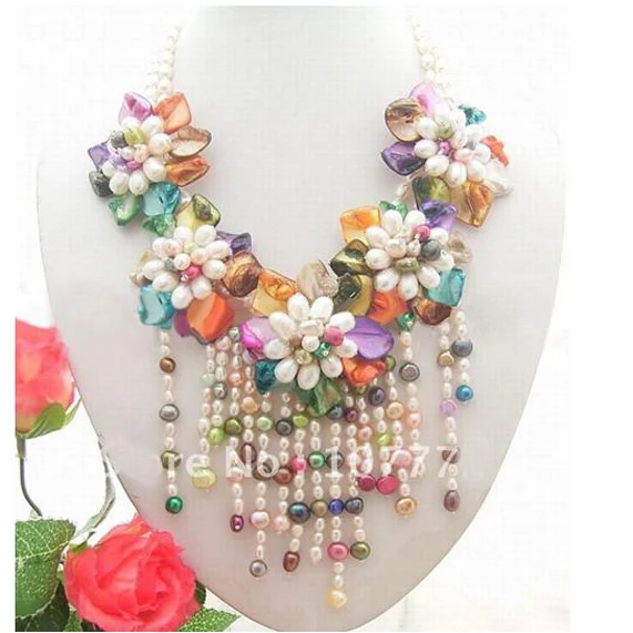 

New Unique Design AA Pearl Necklace 3 Strand Baroque Real Pearl Multicolor Sea Shell Flower Necklace Handwork Party Fine Jewelry