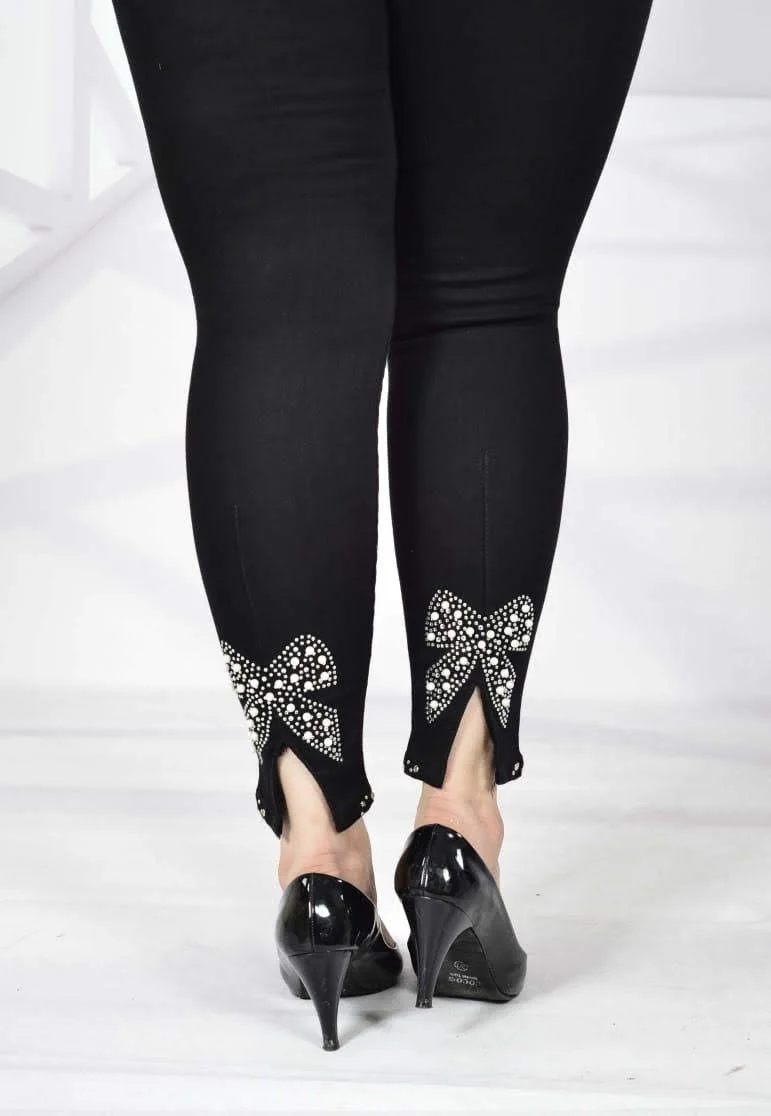 Diaves Women Plus Size High Waist Skinny Ankle Pearl Stone Pattern Detailed Blue Jeans
