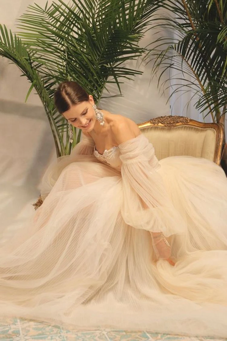 Милое Пышное элегантное Тюлевое свадебное платье с рукавами-фонариками бальное |