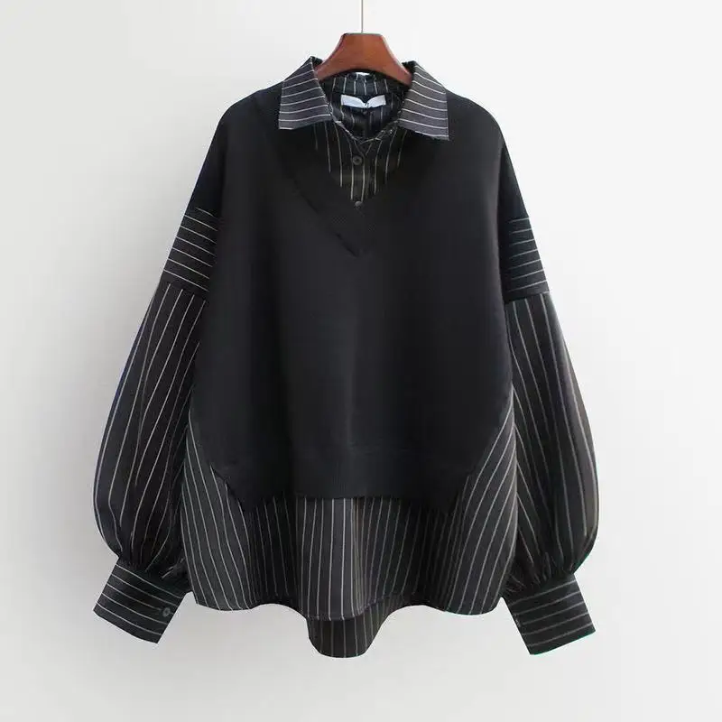 

2021 Hot Lady Korean Large Big Plus Size Fat Women Clothes Long Sleeve Loose Tops Striped Patchwork Sweatshirt For Women Fashion