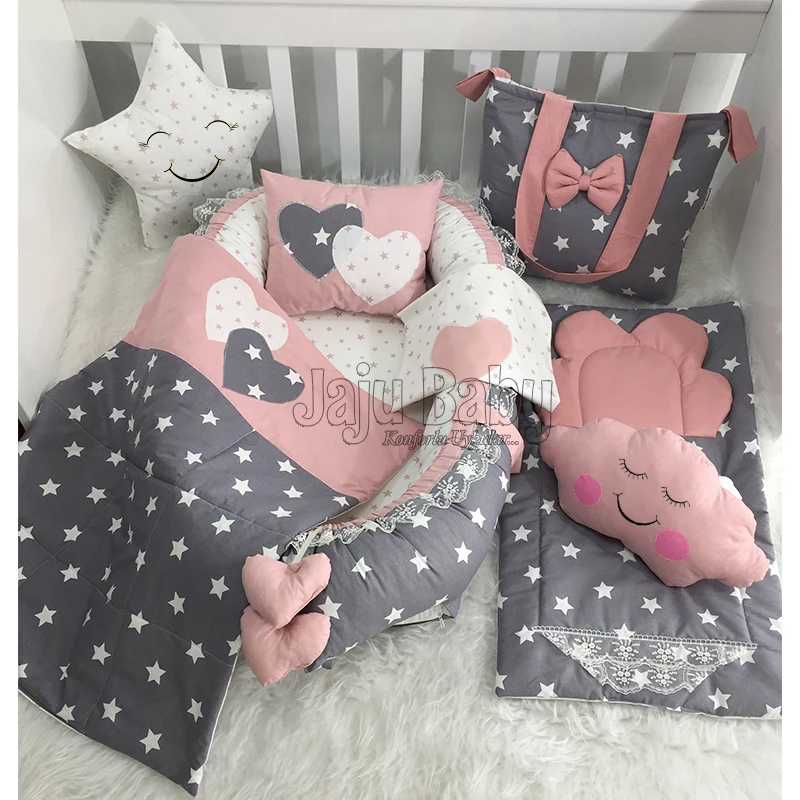 Jaju Baby Special Handmade Babynest Gray Powder Star Design Orthopedic Luxury Babynest 8 Piece Set Mother Side Portable Baby Bed