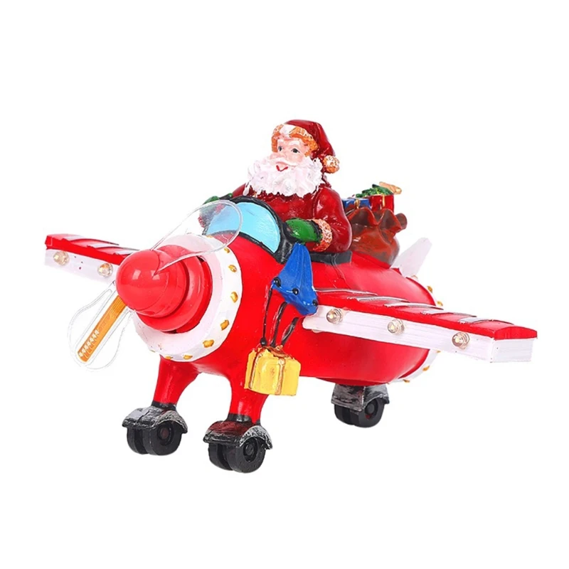 

Christmas Collectible Figurine Car Ornaments Santa Claus Driving Propeller Airplane Statues with LED Light