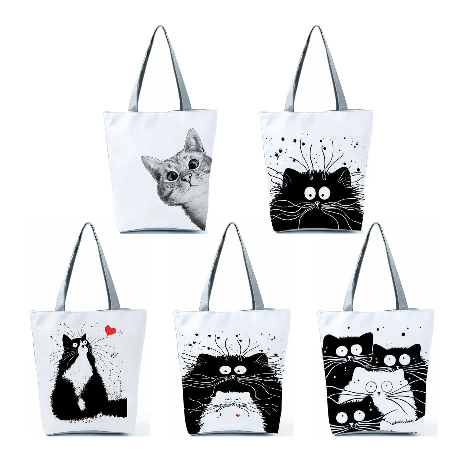 

Customized Tote Shopping Bag Cute Cat Printing Women Handbag Totes with Print Casual Traveling Beach Bags Cartoon Shoulder Bag