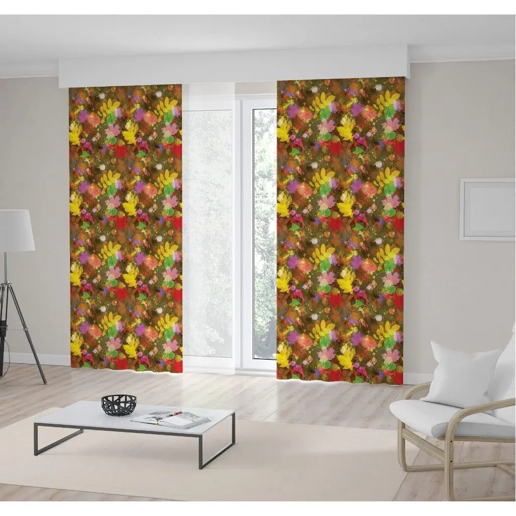 

Curtain Fallen Leaves Illustration with Autumn Mood Yellow Green Red Brown Colored Nature Theme Decorating