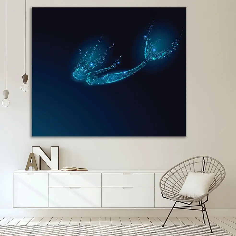 Tapestry Mermaid Diving in Deep Ocean Low Poly Pattern Fantasy Mystic Creature Artwork Blue Green | Дом и сад