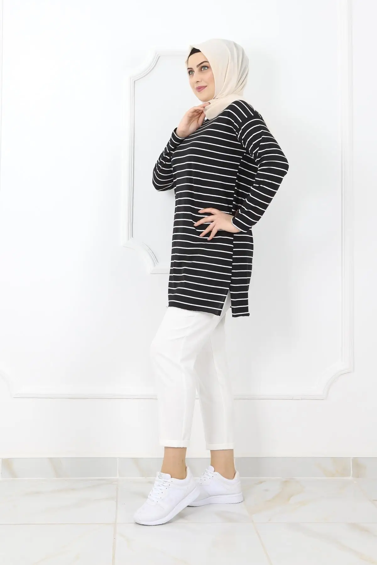 

Ramadan Abaya Dubai Turkey Arabic Muslim Hijab Dress Kaftan Islam Tunic For Women Women's Single Jersey Striped Tunic