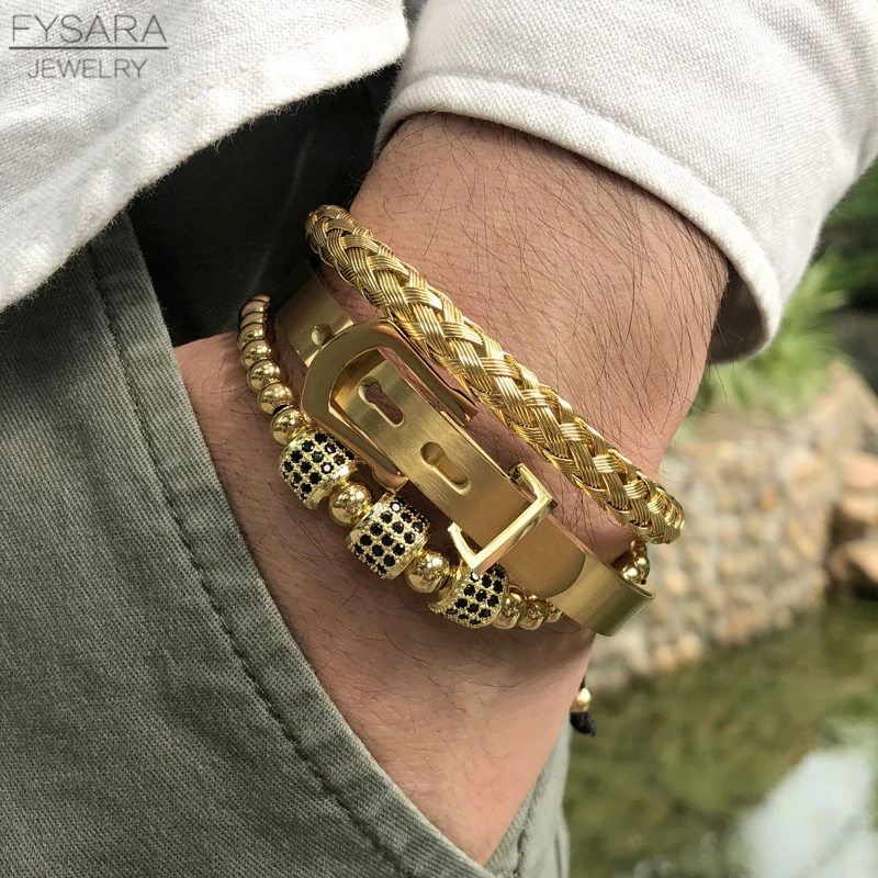 FYSARA 3pcs/Set Micro Pave CZ Round Braided Adjustable Bracelets Horseshoe Belt Buckle Bangles Pulseiras Luxury Handmade Jewelry | Украшения