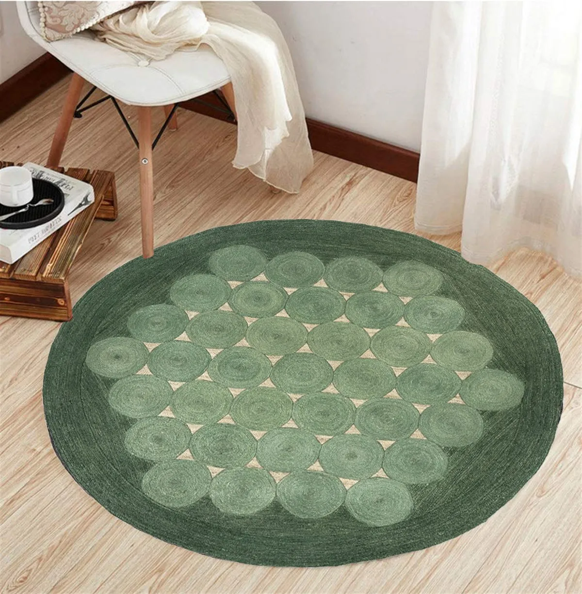 MarkaEv Green Jute Looking Round Decorative Carpet 077 75x75 cm Oval Modern Kitchen Rug