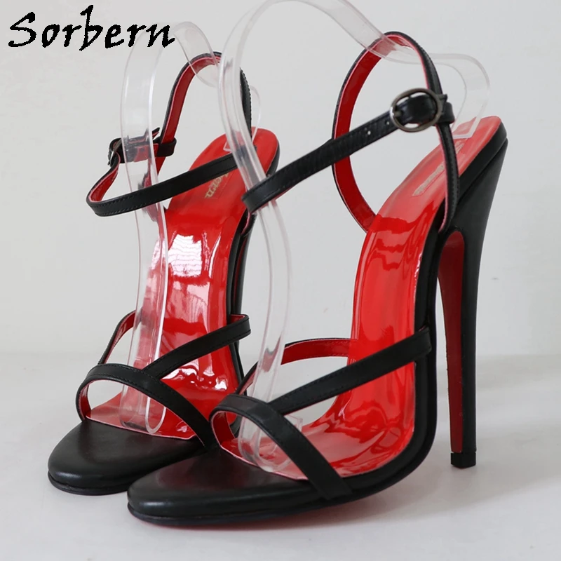 

Sorbern 16Cm Stilettos High Heel Sandal Thin Straps Slingback Black And Red Real Leather Sexy Sissy Girl Shoe Custom Color