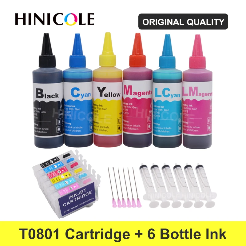 

HINICOLE 6 Color Dye Ink Cartridge For Epson T0801 XL Stylus Photo P50 T59 R265 270 285 290 360 Printer + Bottle Ink Kits 600ml