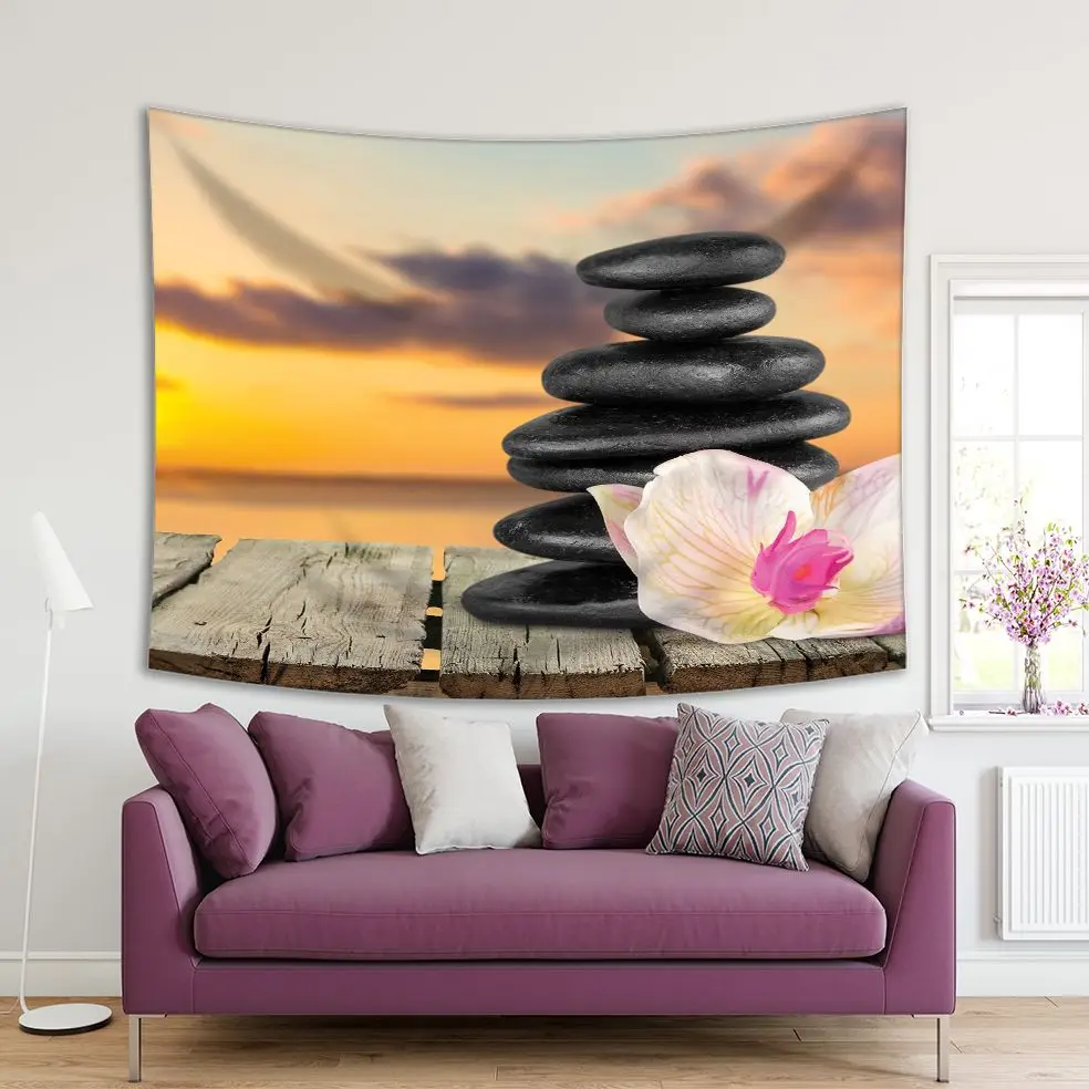 

Tapestry Stones and Flower Spa Treatment at Beach Sunset Health Exotic Nature Yellow Black Beige