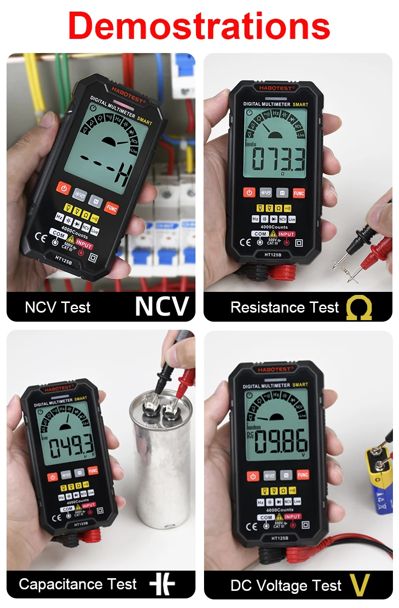 HABOTEST DMM HT125 Digital Multimeter Professional Auto Smart Range Ohm Capacitance Hz Diode Continuity Wiring Check AC DC 600V tape measure tool