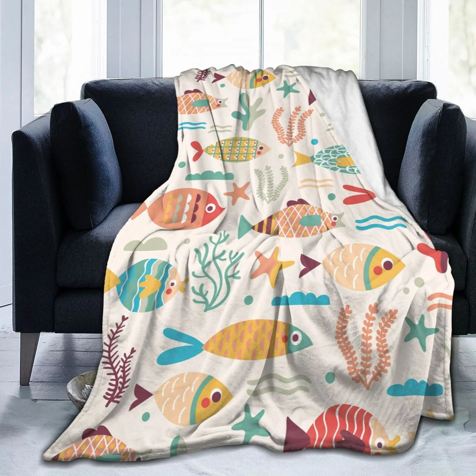 

Cute Fish Cartoon Decorative New Age Tie Dye Soft Cozy Fleece Blanket Dropship Wholesale Family Winter Flannel Throw Homedecor
