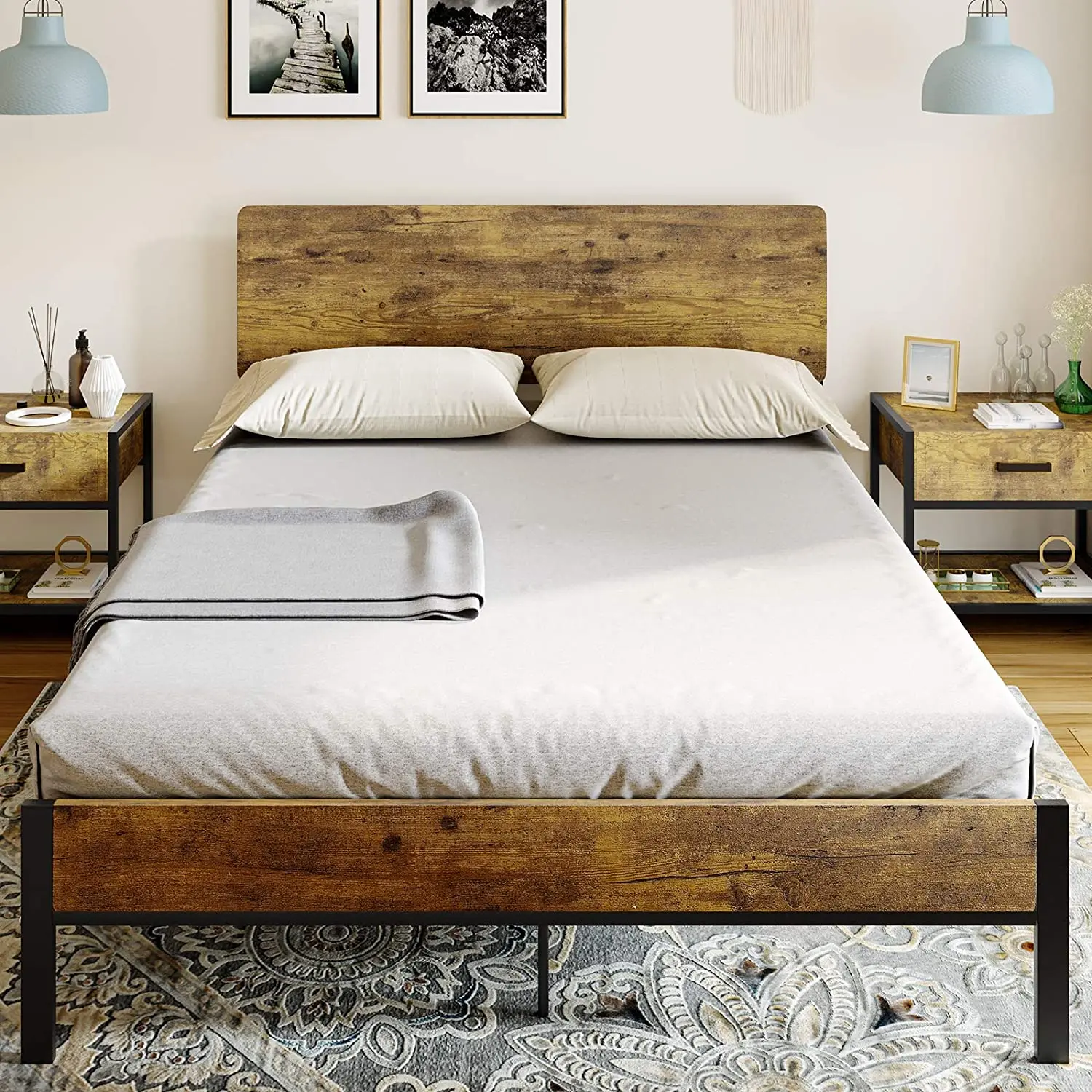 

Queen Metal Bed Frame with Headboard, Heavy Duty Platform with 13 Steel Slates, Rustic Country Style, 12.6" Under Bed Storage