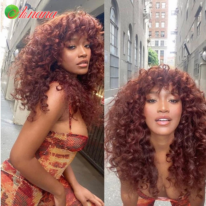 Jerry Curly Human Hair Wigs With Bangs Full Machine Made Wigs Highlight Blonde Orange Blue Colored Wigs For Women Malaysian Hair