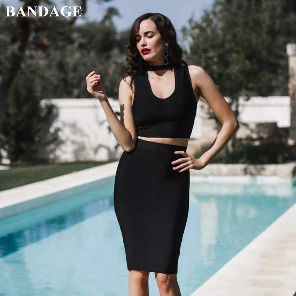 Элегантный черный женский бандажный комплект из 2 предметов Женский облегающий