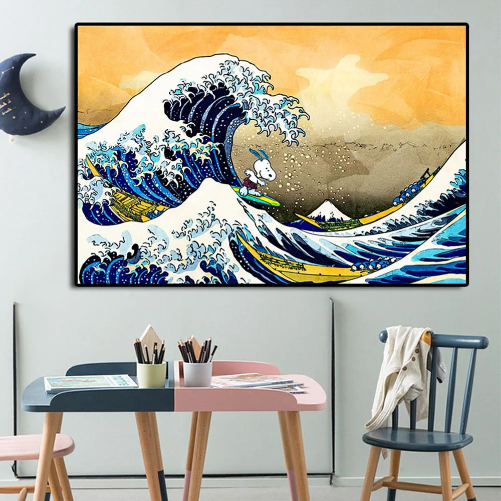 

Bandai Anime Dog And Great Wave of Kanagawa Ukiyoe Japanese Wall Art Posters Prints Picture Mural For Nordic Living Room Decor