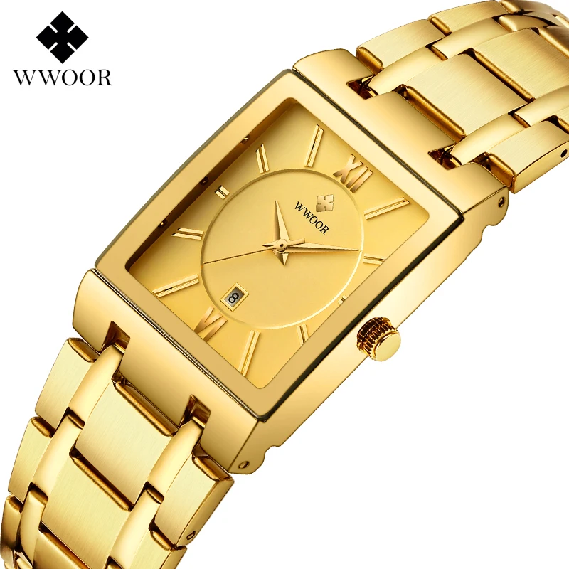 

WWOOR Luxury Gold Full Steel Watches Mens Square Quartz WristWatch For Men Sport Waterproof Week and Date
