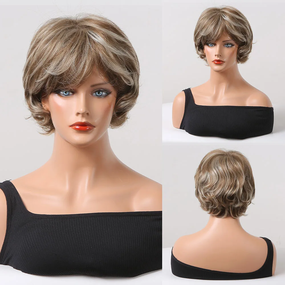 

Short Curly Synthetic Wigs Mix Brown Blonde Natural Wig with Bangs for Women Cosplay Daily Party Pixie Cut Wigs High Temperature