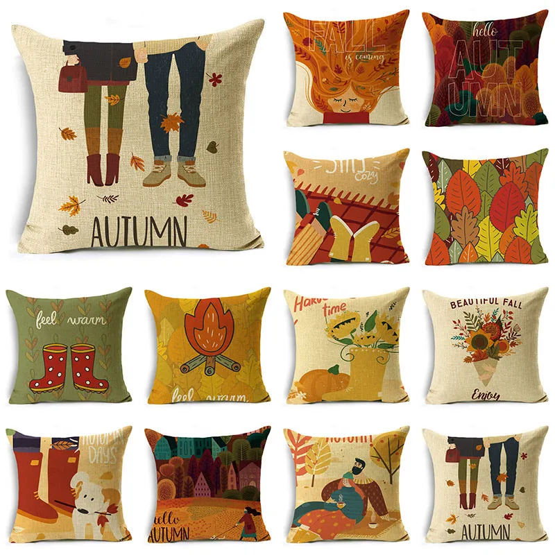 

WZH Sofa Ornament Creative Fall Print Cushion Cover 40cm/45cm and 50cm Linen Car Decorative Pillowcase