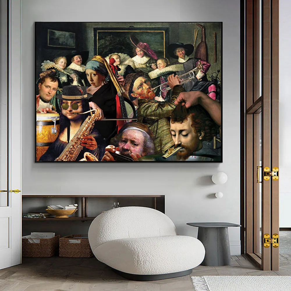

Funny Portrait Famous Painting Figures Mona Lisa, Van Gogh Band Poster Prints Canvas Wall Art Picture for Living Room Home Decor