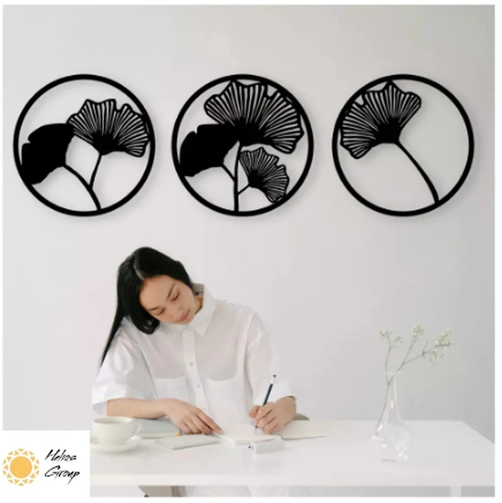 

Wooden 3 Pieces Round Flowers Wall Art Decoration Quality Gift Ideas Black Modern Nature Home Office Living Room Bedroom Kitchen