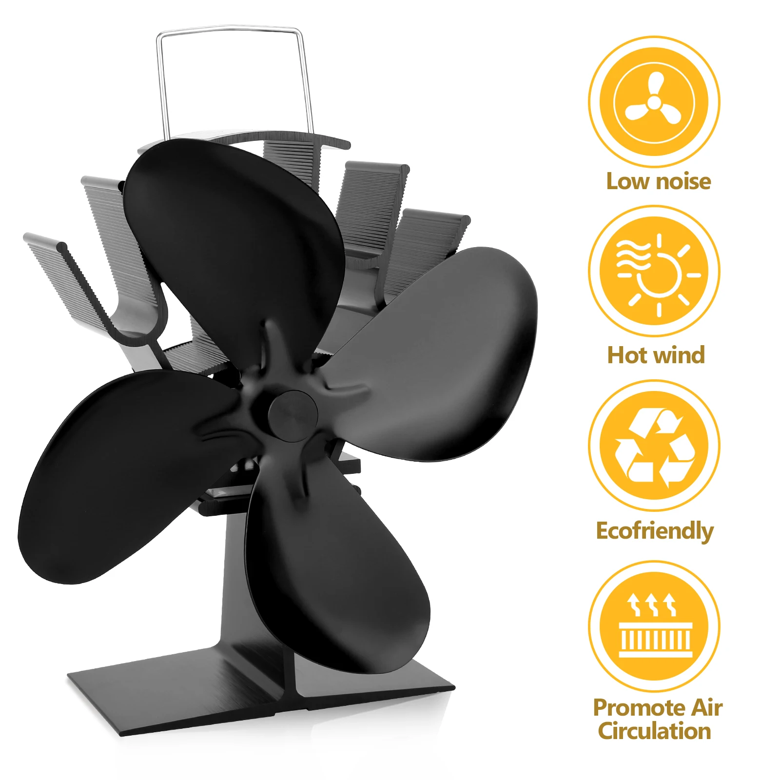 

Feuerstelle Ventilator Kaminventilator Stromloser Fan Warmluftumlauf Lüfter 4 Flügel, Lautlos, mit Magnetischem Themometer