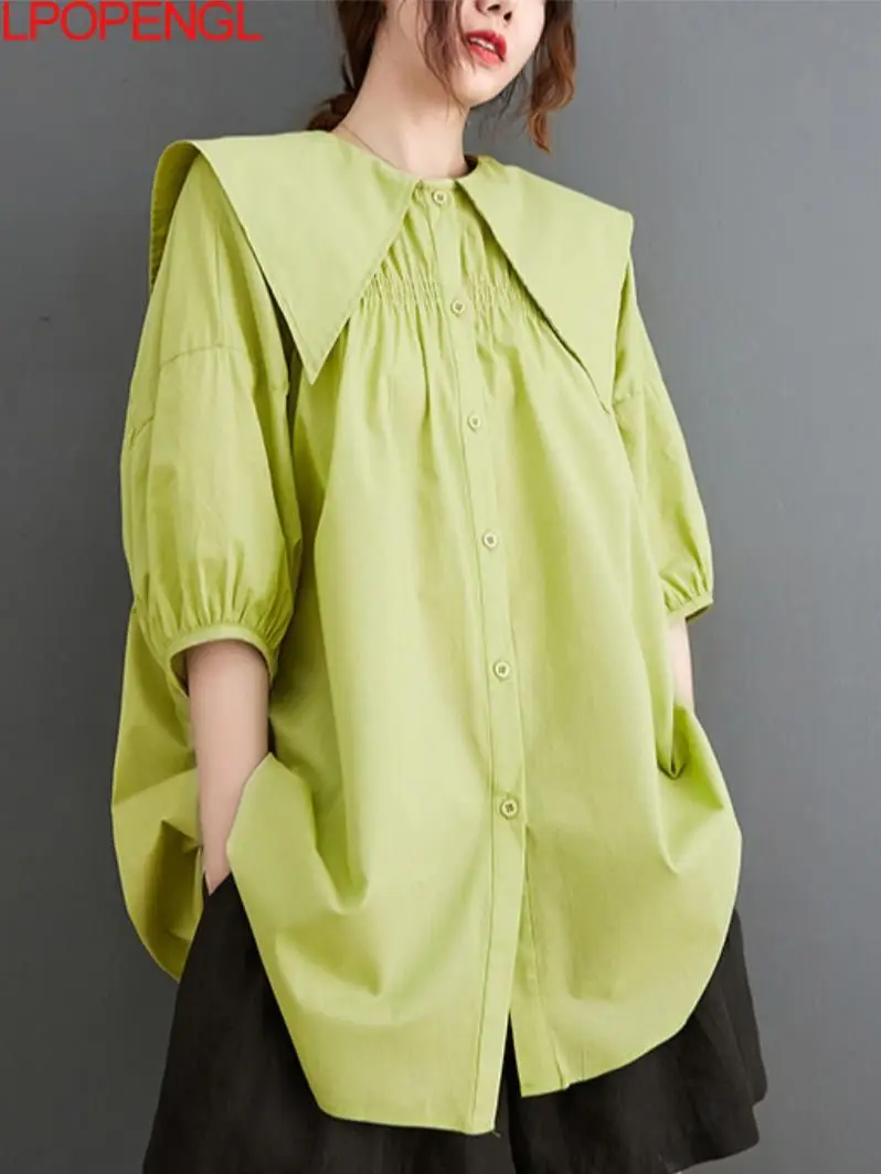 

Summer Tshirt New Chic Design Korean Fashion Lantern Sleeves High-end Sweet Japanese Shirt Navy Collar Folds Top Women
