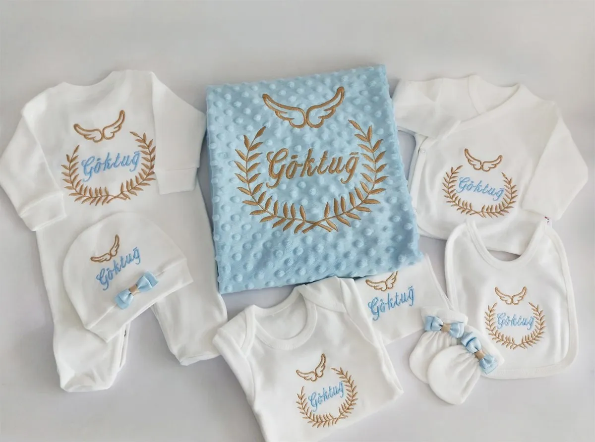 Jaju Baby Angel Wing Embroidered and Name Embroidered Baby Newborn Set, Personalized Embroidered Name