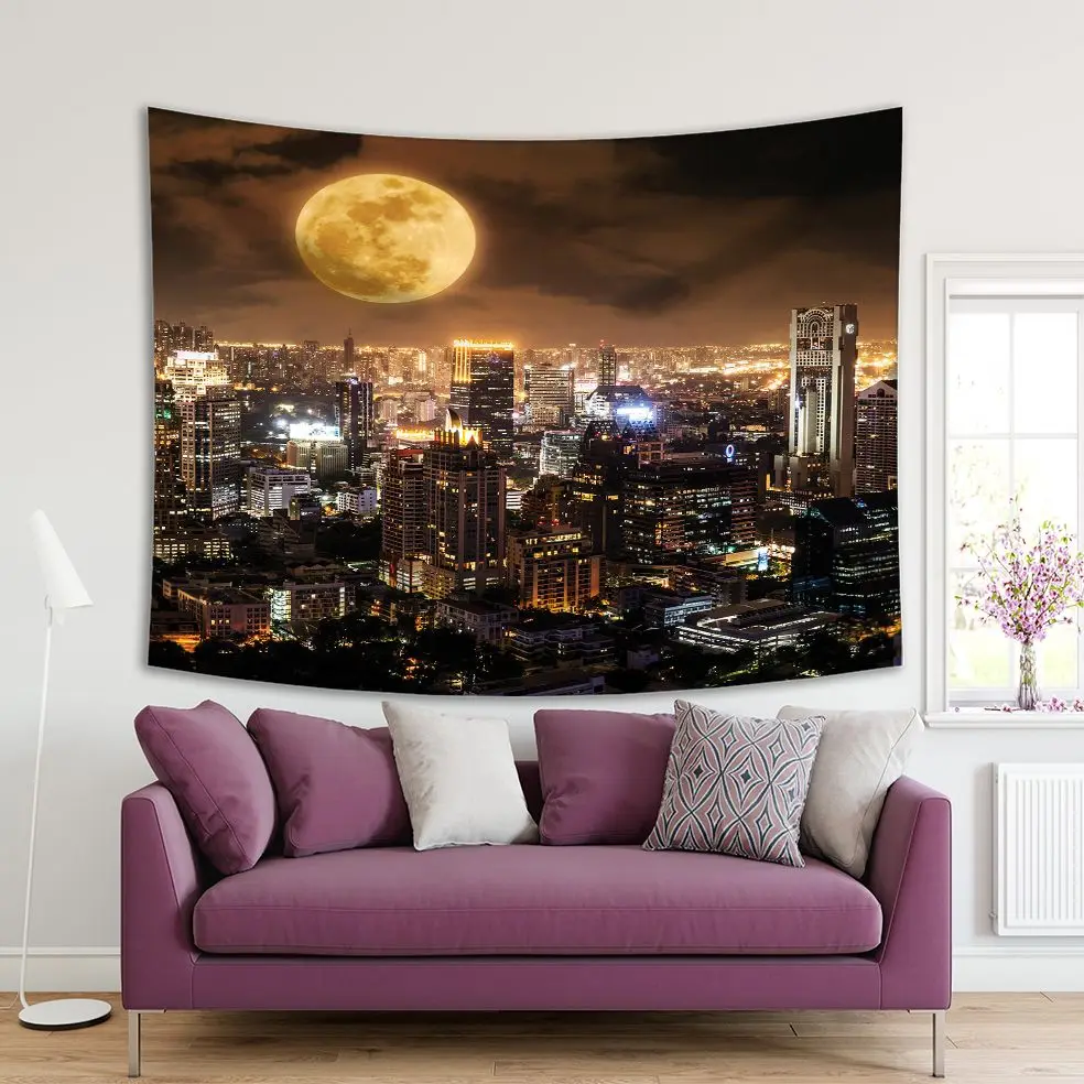 

Tapestry Super Moon over Thailand Night City Skylines Buildings Urban View Brown Yellow Photo Printed