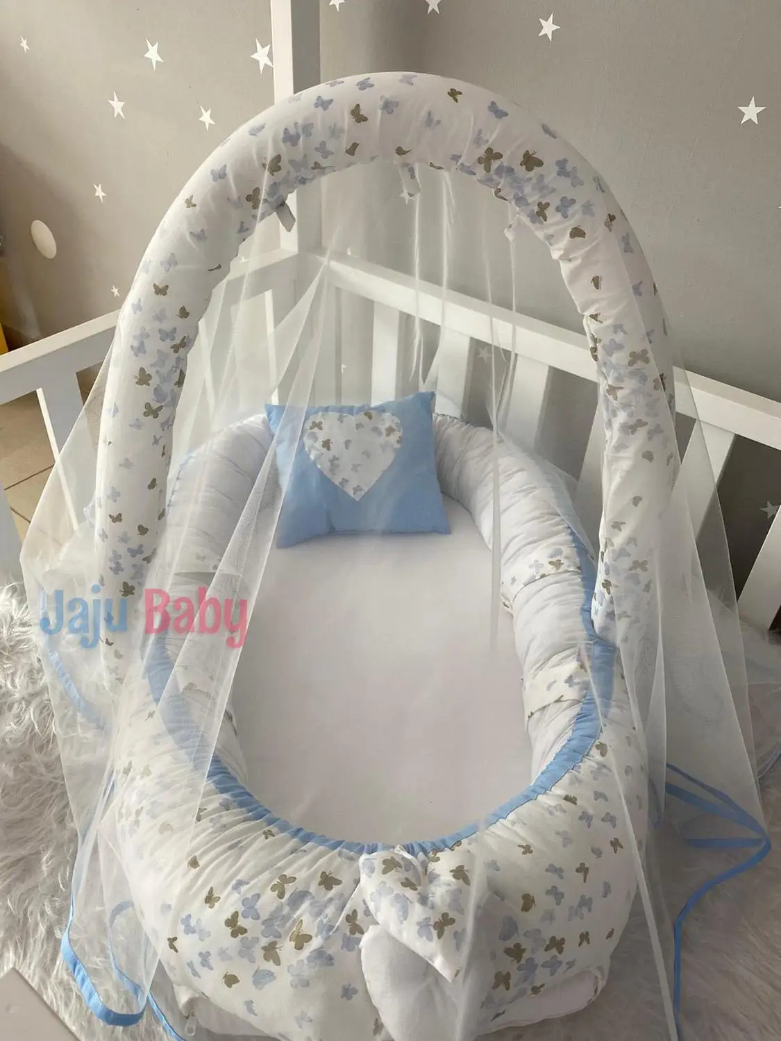 Jaju Baby Handmade Blue Butterfly Patterned Mosquito Net and Toy Apparatus Luxury Design Babynest Mother Side Portable Baby Bed