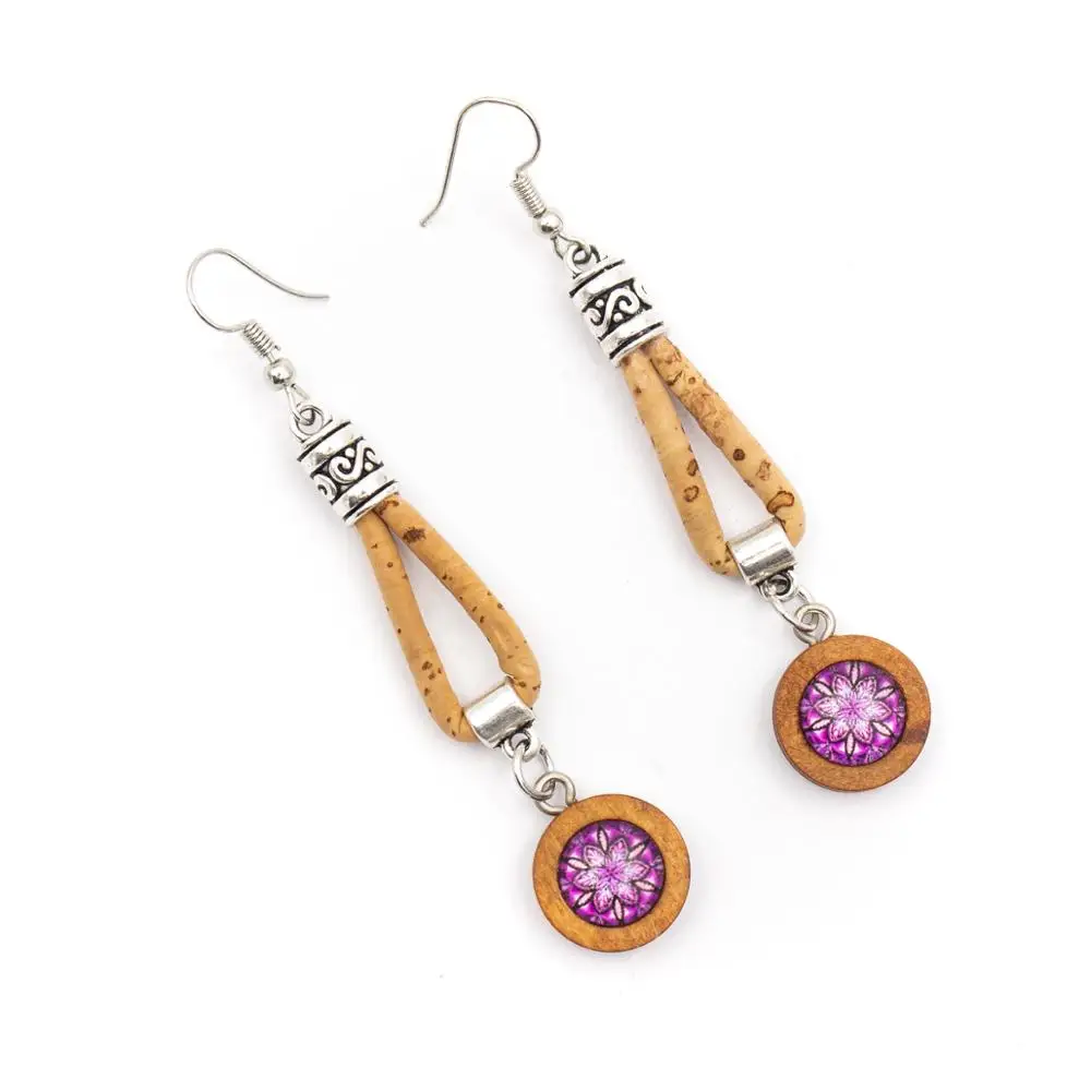 Natural cork with round wood pendant women earrings Original handmade ladies earrings-ER-105-MIX-5 | Украшения и аксессуары