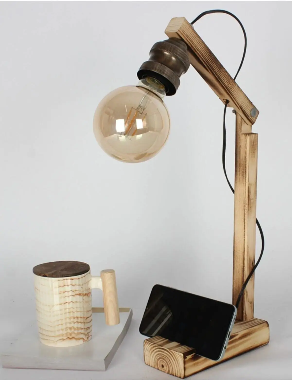 

Foldable Table Lamp Industrial Retro Lamp With Phone Holder American Wood Light For Table Fixtures Wooden Base New Trend 2022