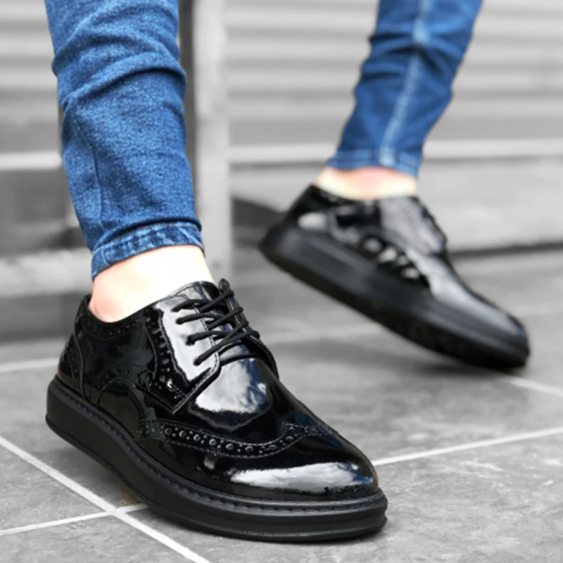 

Lace-up Classic Black Patent Leather High Sole Casual Men Shoes