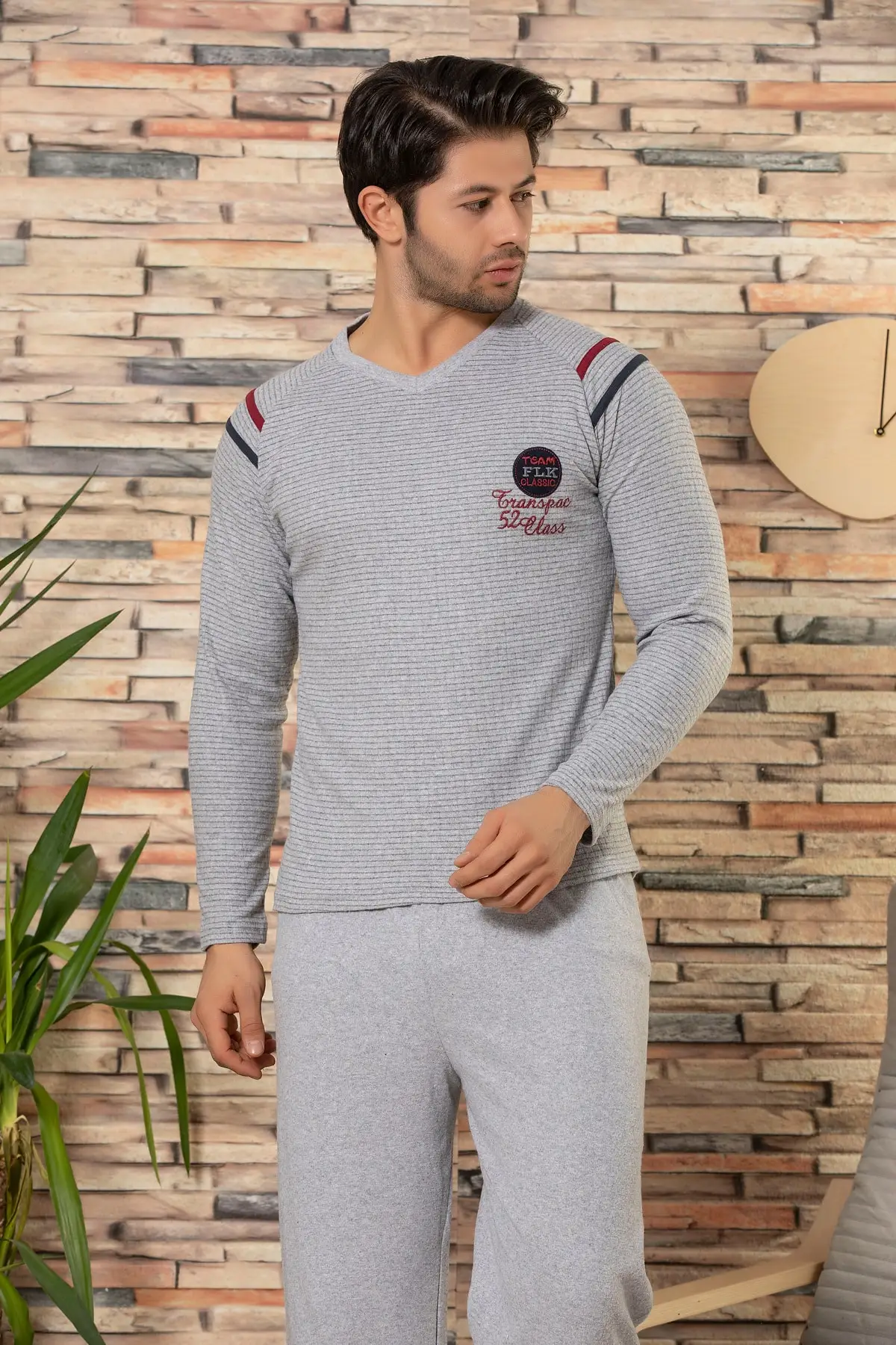 Мужской Хлопковый Пижамный костюм с длинными рукавами и рисунком клубники |