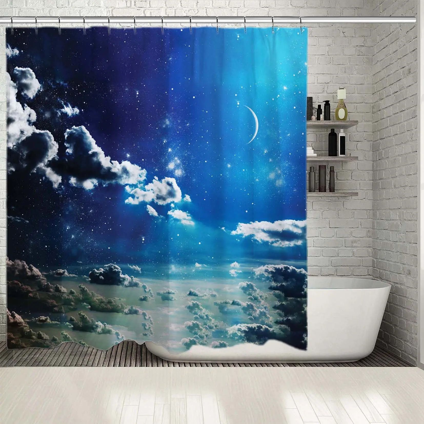Занавеска для душа вечернее полумесяц сияющие звезды в облачном небе отражение