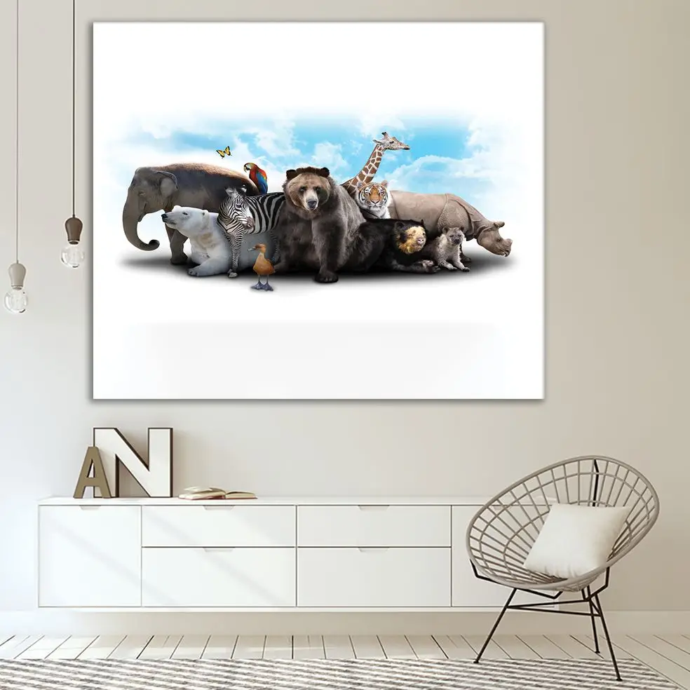 Гобелен слон Зебра медведь и носорог дикая природа животные пасмурное небо