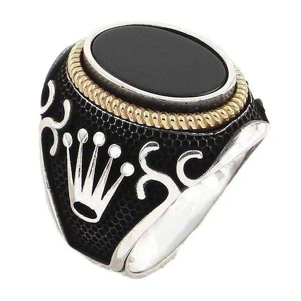 

925 Sterling Silver Men's Ring with Oval Black Onyx Natural Gemstone with Crown Design Jewelry Gift for Grandfather for Husband