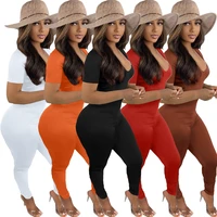 sexy v neck backless stretch pleated jumpsuits female solid short sleeve pullover slim jumpsuits