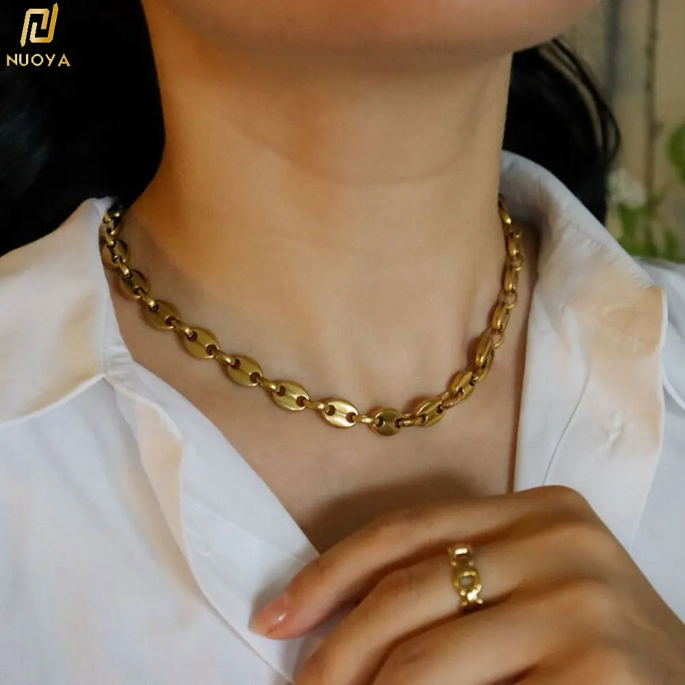 Width 8mm Stainless Steel Hip Hop Coffee Bean Chains Necklaces 18k Gold Plated Pig Nose Chains Punk Jewelry