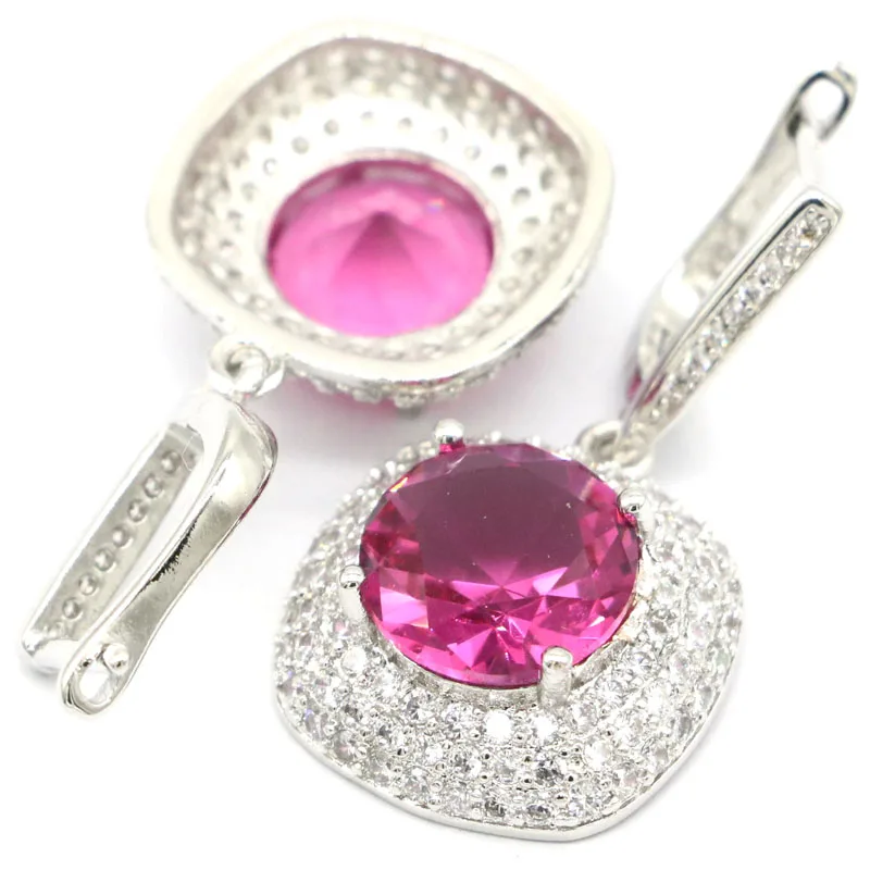 

33x18mm Anniversary Created Pink Tourmaline White Bright Cubic Zircon Fine Jewelry Daily Wear Silver Earrings