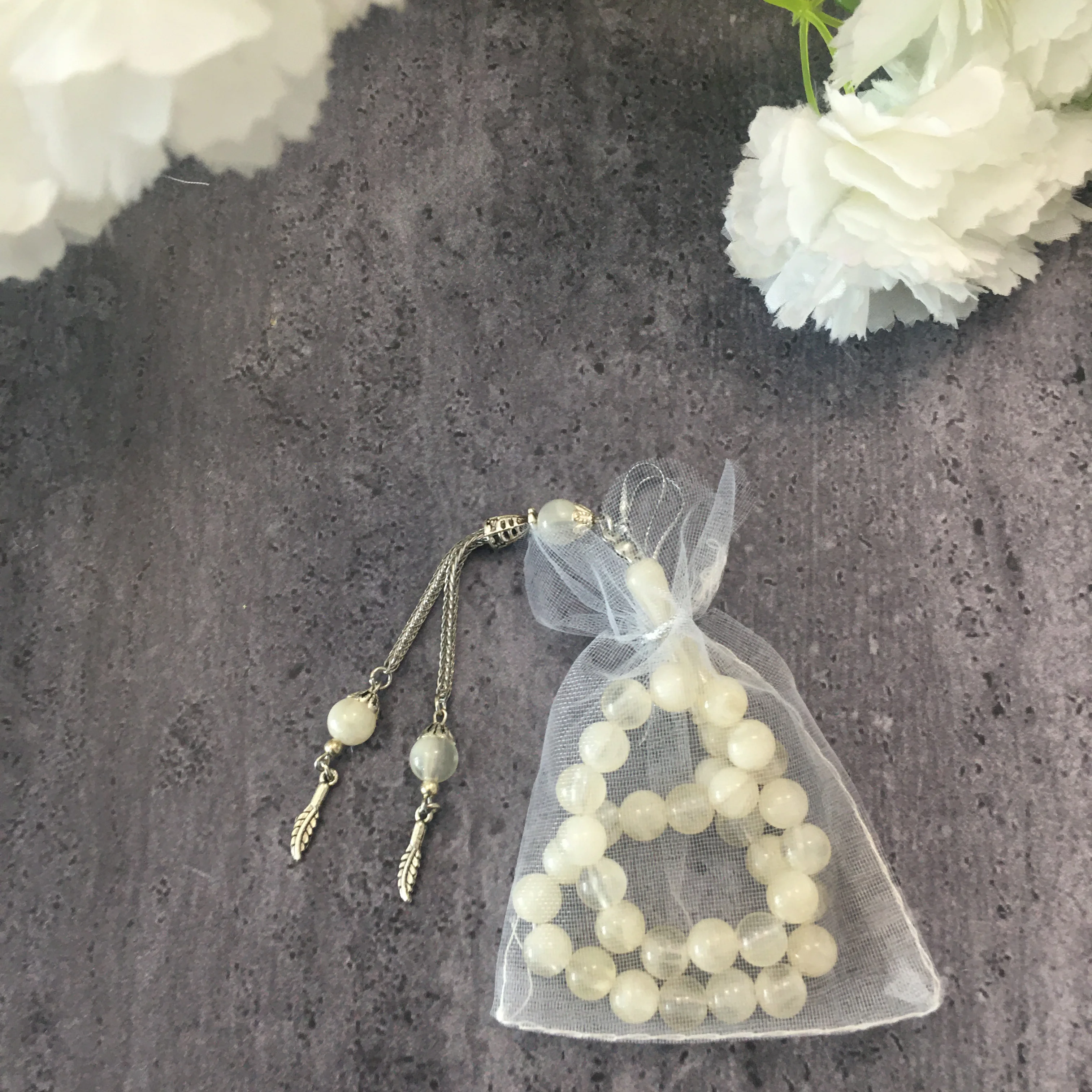 Затягивание янтарного исламского молитвы 33 бусины Четки Tasbeeh tasbih misbaha белый