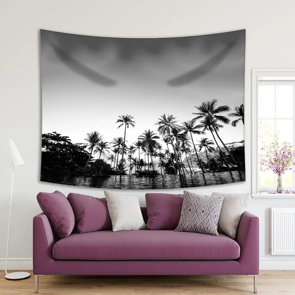 

Tapestry Coconut Tree on the Beach at Samui Island Tropical Seascape Silhouette Black White