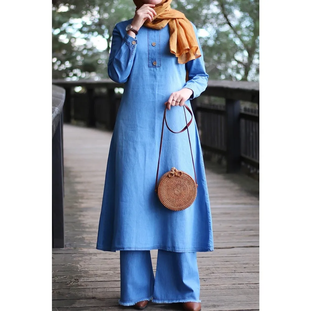 

Arkası Düğmeli Uzun Kot Tunik - Açık Mavi