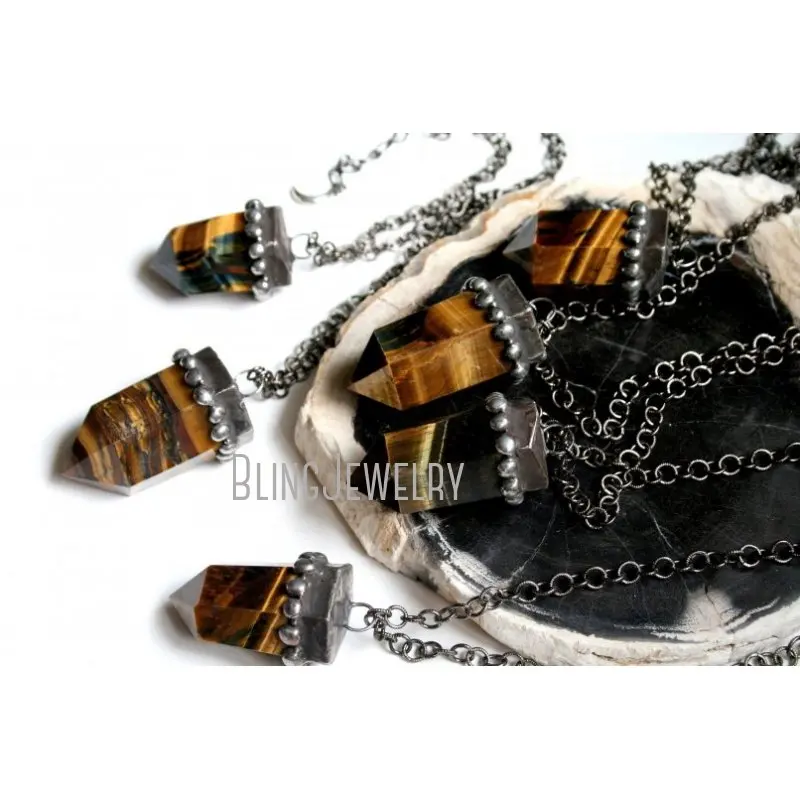 NM40566 Tiger Eye Crystal Tower Necklace Natural Tiger Eye Gemstone Point Gold Tigers Eye Crystal Obelisk Talisman Necklace