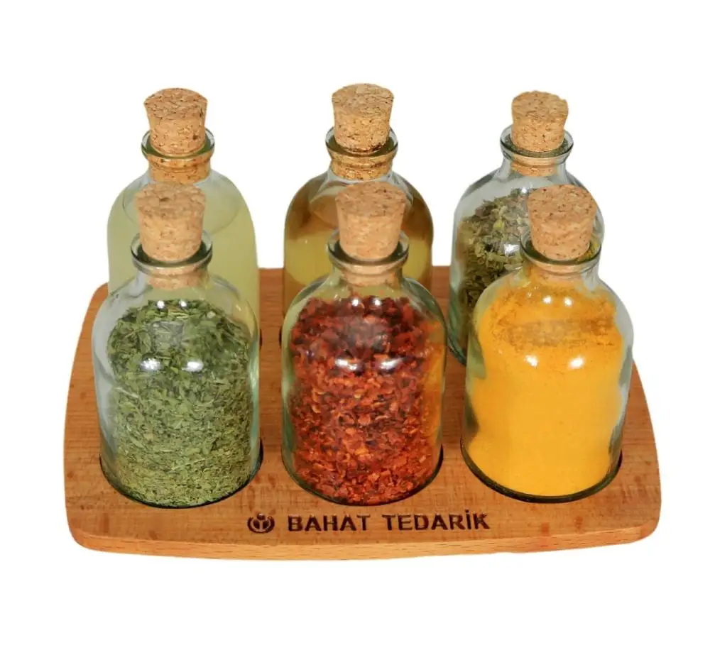 

7 Piece Bottle Glass Mushroom Lid Spice Set With Wooden Stand